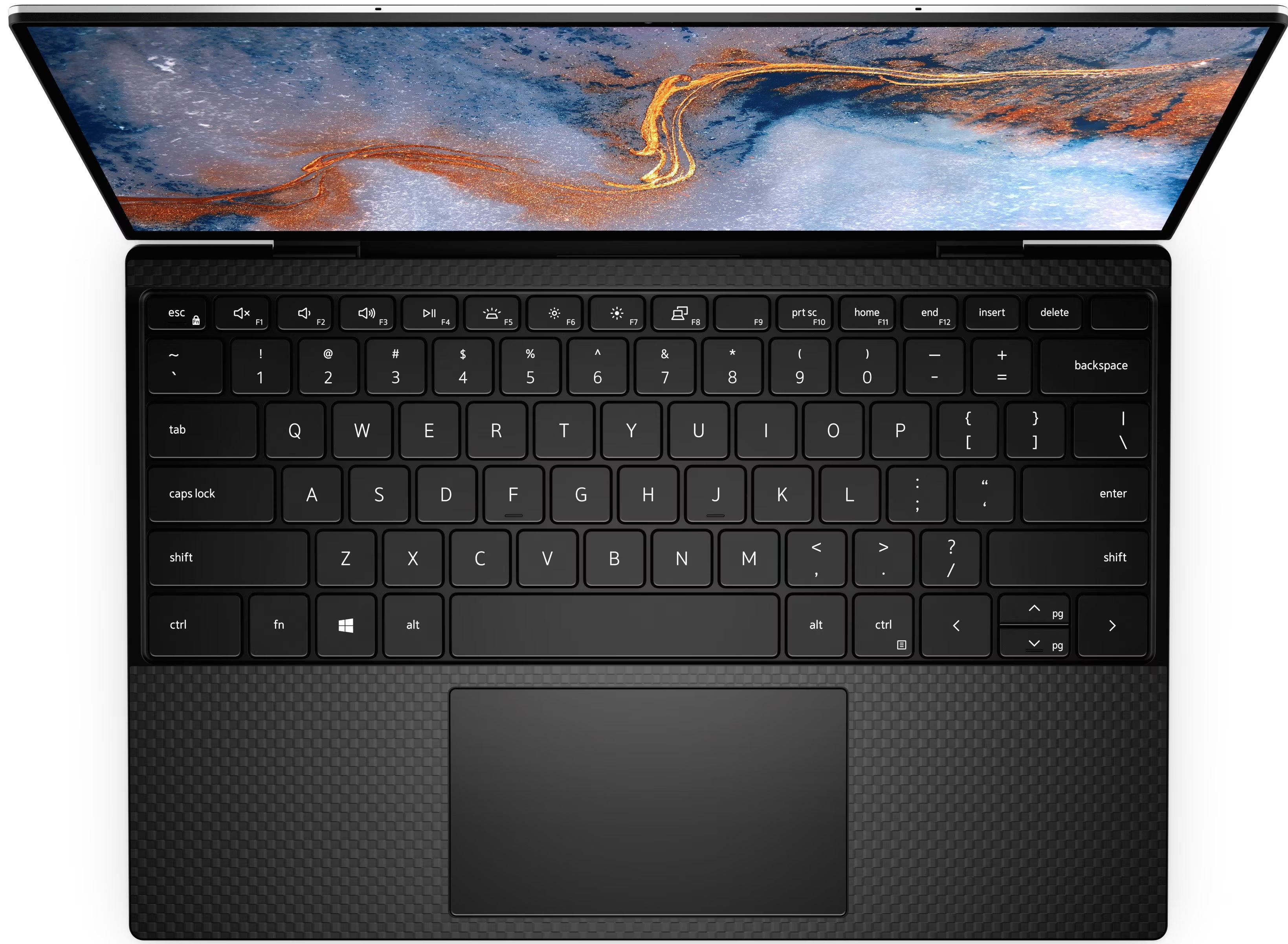 Tastiera retroilluminata del Dell XPS 13 9310 con ampio touchpad e finitura in fibra di carbonio, notebook compatto e performante. Tastiera retroilluminata del Dell XPS 13 9310 con ampio touchpad e finitura in fibra di carbonio, notebook compatto e performante.